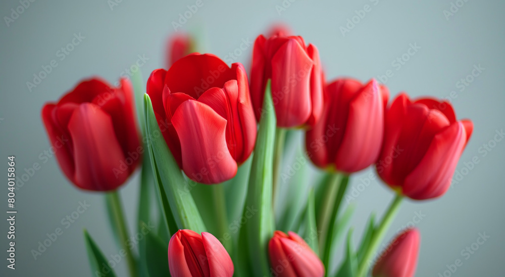 Red tulips bouquet, on gray background. Spring and Valentine's Day concept. Banner with copy space. Design for greeting card, invitation, poster. Red tulips bouquet, on gray background. Spring and Valentine's Day concept. Banner with copy space. Design for greeting card, invitation, poster.