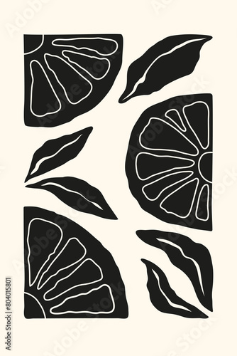 Modern monochrome abstract poster with cut citrus fruits and leaves in Matisse style. Trendy template for interior decoration, banner, cover, print, postcard.
