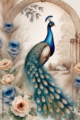A vintage abstract art background with peacock sperched on a blossoming tree branch.