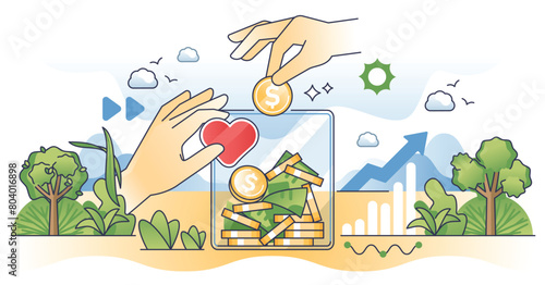 Giving campaigns with financial donation savings outline hands concept. Help with money and give hope to poor social groups vector illustration. Finance assistance and income share as solidarity.