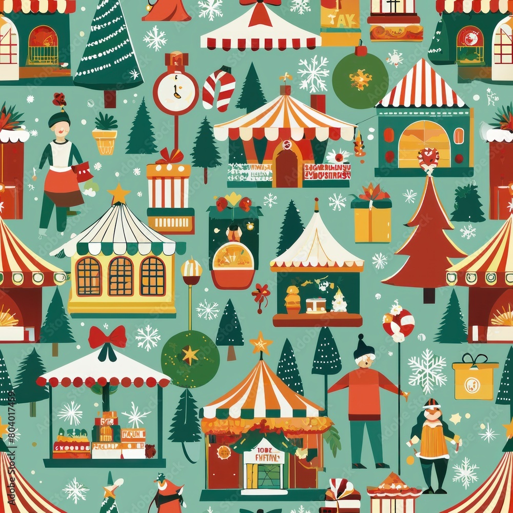 Seamless pattern of festive holiday markets with stalls selling treats and gifts, Generative AI