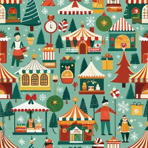 Seamless pattern of festive holiday markets with stalls selling treats and gifts, Generative AI © fahmy