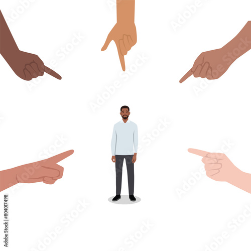 Young man Sad depressed, ashamed man surrounded by hands pointing him out with fingers. Flat vector illustration isolated on white background