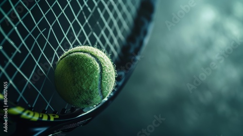 Dynamic top view of a tennis ball contacting racket strings, focused clarity, neutral toned background, high-definition studio lighting photo