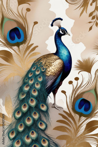 Art background with peacock in a beautiful garden sperched on a blossoming tree branch and gold accents.
