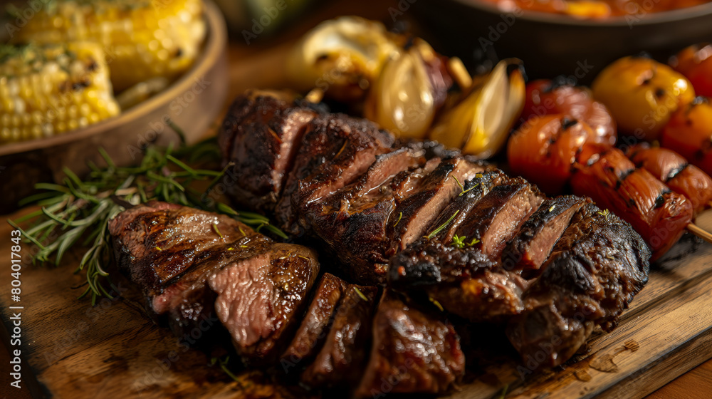 A sumptuously grilled steak is paired with roasted vegetables on a rustic wooden surface, epitomizing a hearty and satisfying meal