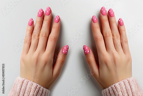 Female hands with manicure on white background close-up  top view.