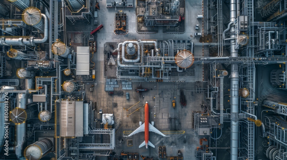 Drone view capturing the expanse of an industrial area, adorned with modern aluminum turbines and propellers, projecting efficiency