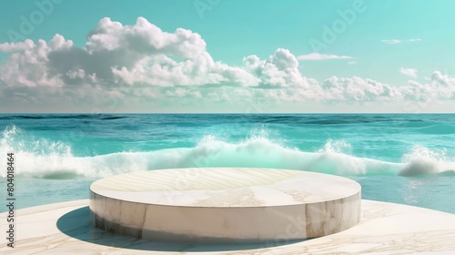 A white podium on the beach with waves crashing, under a cloudy blue sky