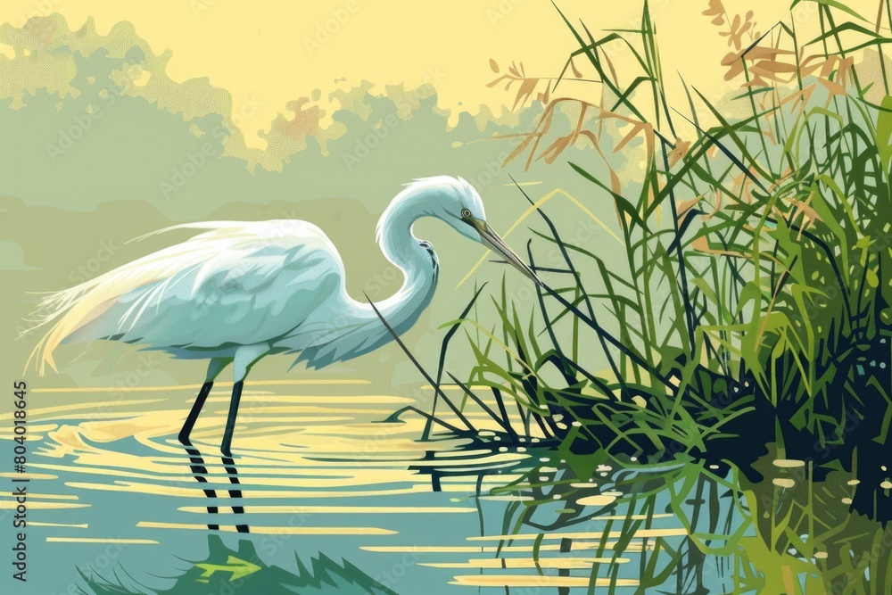 Obraz premium A beautiful painting of a crane standing in the water. Perfect for nature lovers