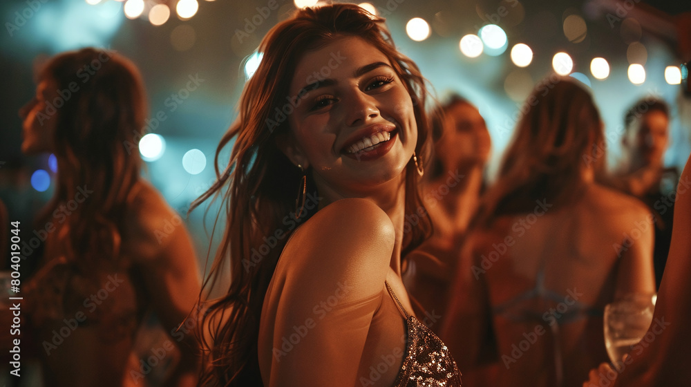 Young beautiful woman in a dress dancing in a nightclub