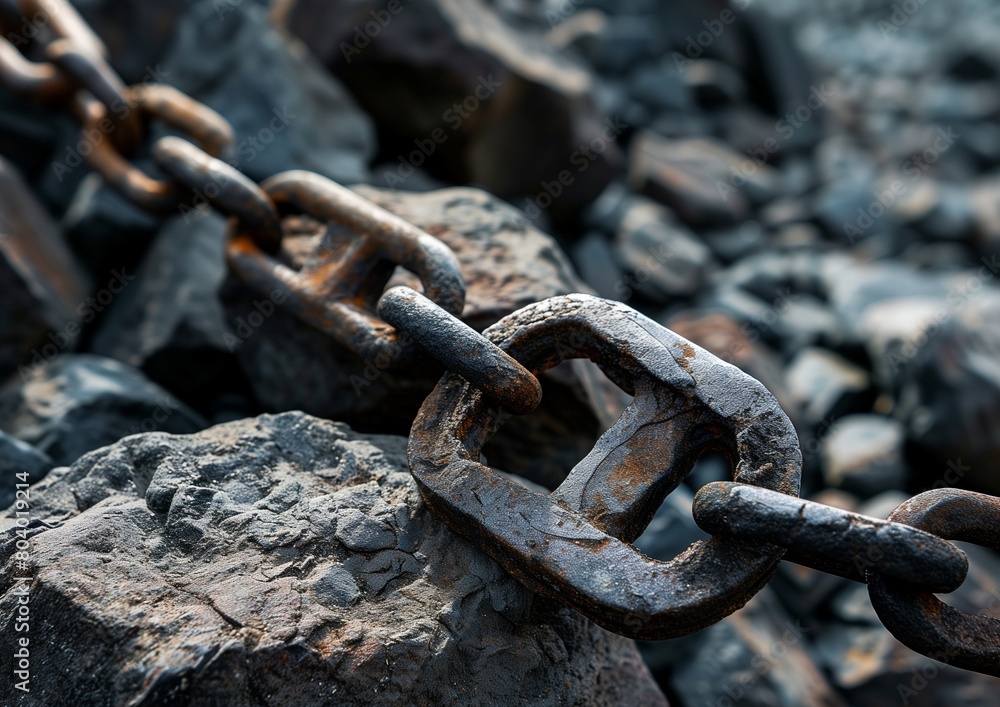 Close-Up of Rusty Chain Links on Rocky Surface in Moody Lighting Close-Up of Rusty Chain Links on Rocky Surface in Moody Lighting