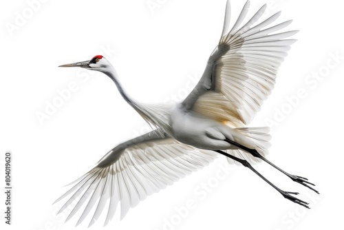 Crane Bird Isolated, flying in the air with wide wingspan against a white backdrop. Generative Ai