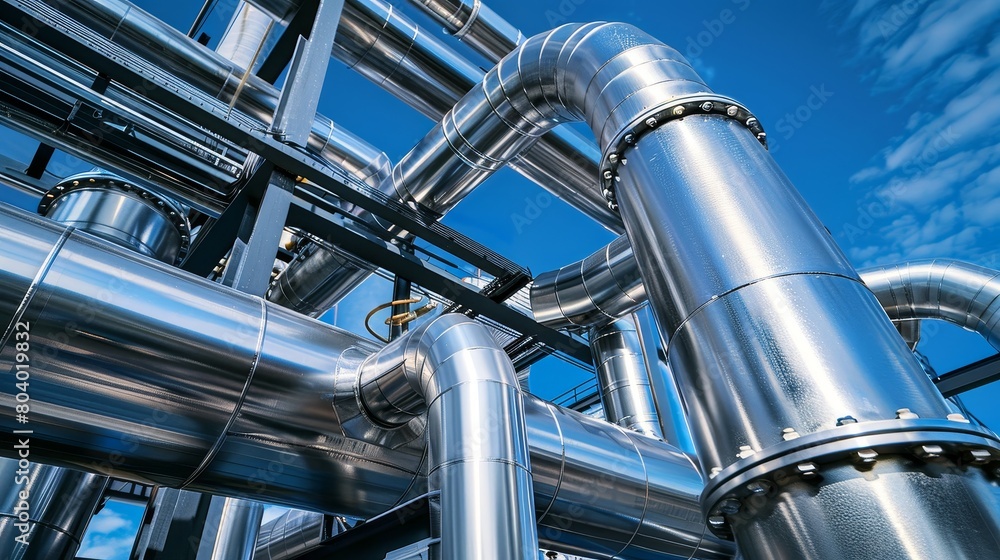 Detailed close-up of stainless steel petrochemical tanks interconnected by a maze of pipes and valves, under clear blue skies Detailed close-up of stainless steel petrochemical tanks interconnected by a maze of pipes and valves, under clear blue skies