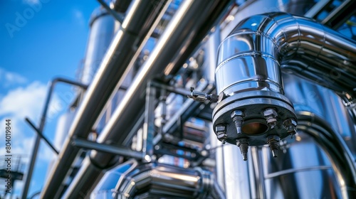 Detailed close-up of stainless steel petrochemical tanks interconnected by a maze of pipes and valves, under clear blue skies