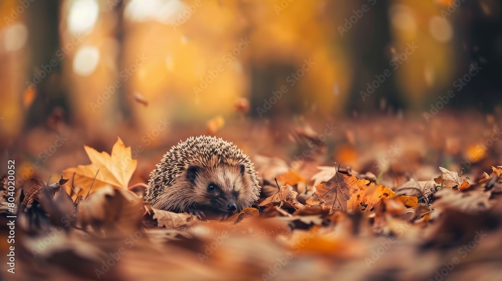 Adorable Hedgehog Curled Up in Autumn Forest Macro Shot