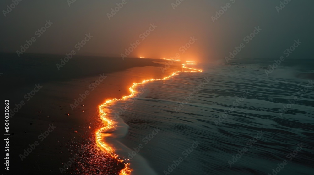 Naklejka premium a fire across in the beach magma or lava