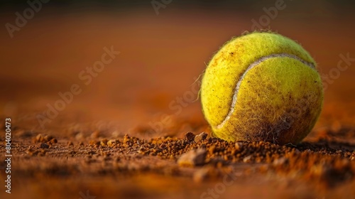 Detailed close-up of a tennis ball on a clay court, emphasizing rough texture and earth tones, under bright studio lights, isolated focus