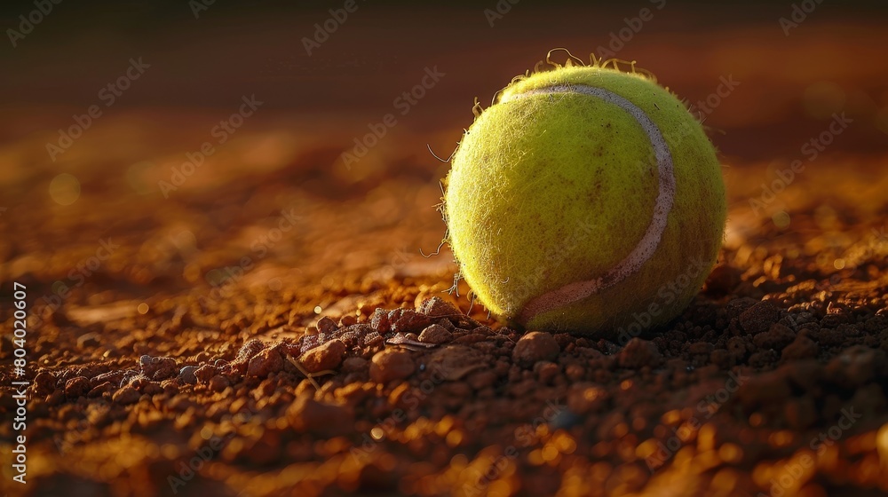 Detailed close-up of a tennis ball on a clay court, emphasizing rough texture and earth tones, under bright studio lights, isolated focus