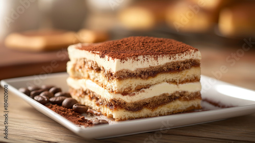 Inviting image showcasing a slice of classic tiramisu dessert, with visible layers of coffee-flavored ladyfingers and mascarpone topped with cocoa photo