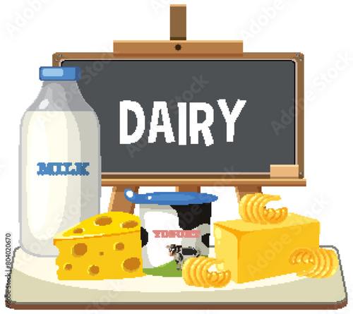 Illustration of various dairy products on a table.