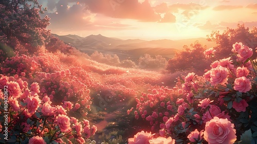 Dreamy Pink Petals: Ethereal Twilight with Lush Blooming Flowers