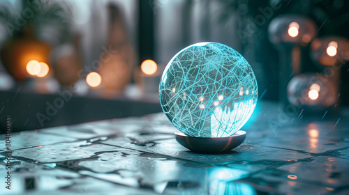  a small globe, adorned with intricate digital patterns, rests atop a sleek, minimalist surface. The globe emits a mesmerizing shimmering light, casting dynamic reflections in its surroundings.
