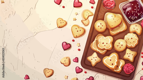 Board with tasty cookies and jam for Valentines Day photo