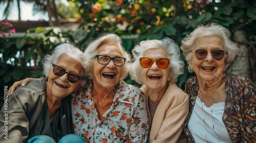 Group of happy elderly fashionably dressed women having fun outdoors. They laugh and look at the camera.