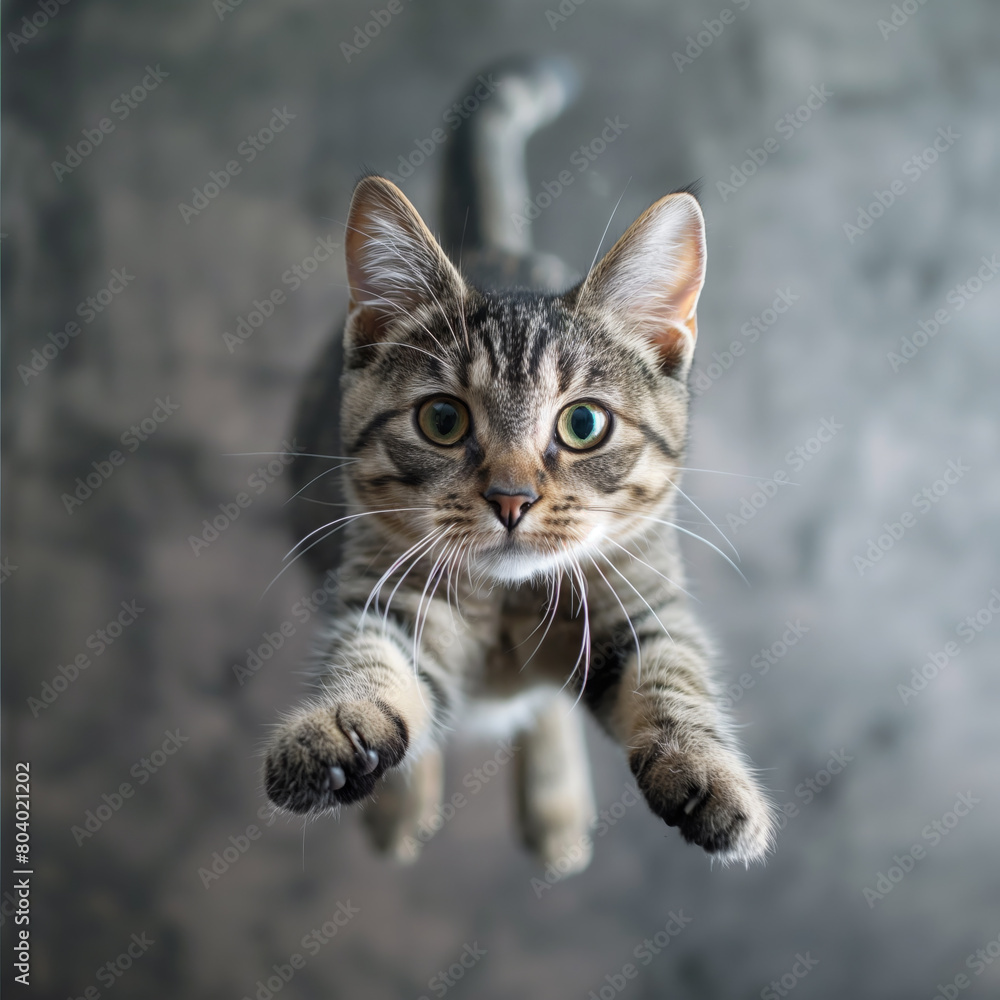 funny cat flying. photo of a playful tabby cat jumping mid-air looking at camera.