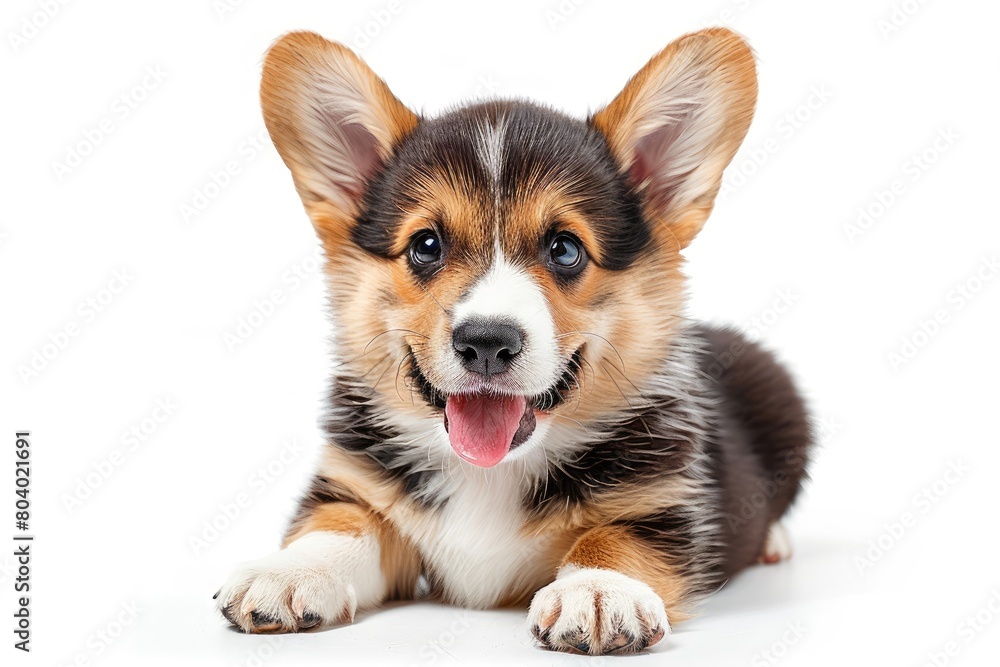 Front view of a solitary Corgi puppy on a white backdrop. Generative Ai