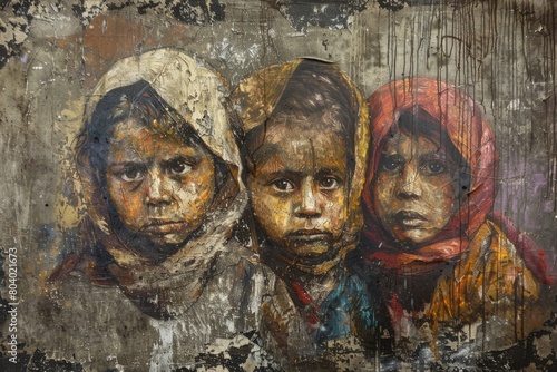 Group of children painted on a wall  suitable for educational projects