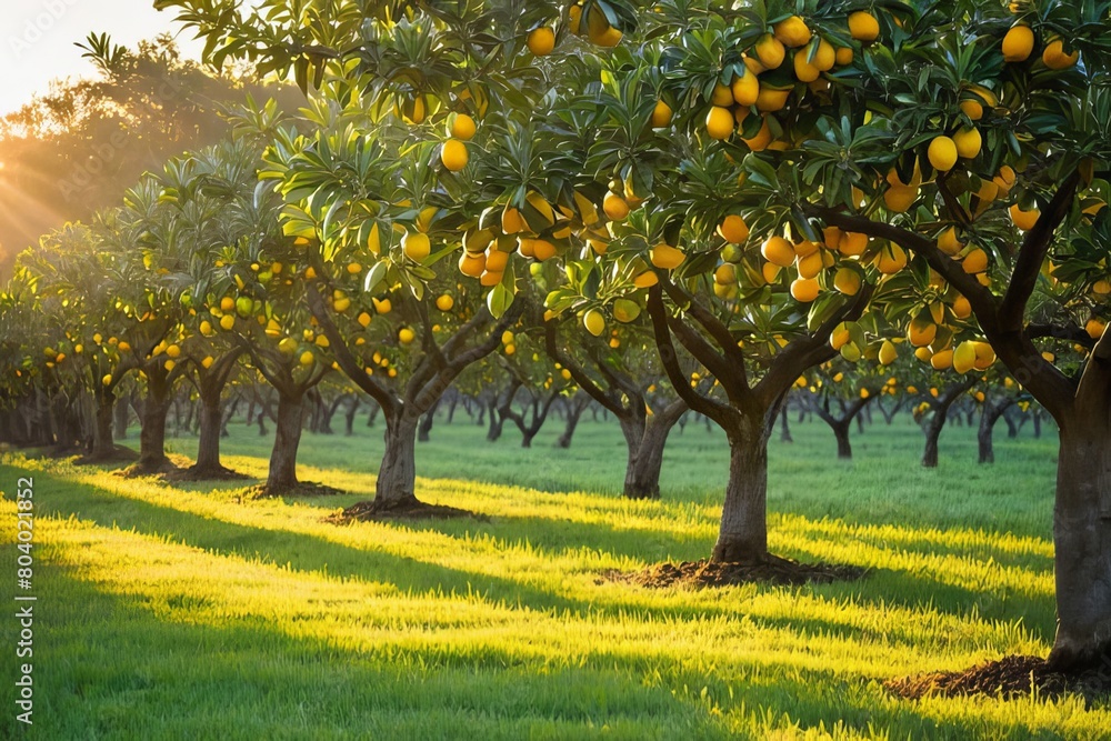 Naklejka premium Tranquil sunrise illuminating citrus grove with fruit-laden trees