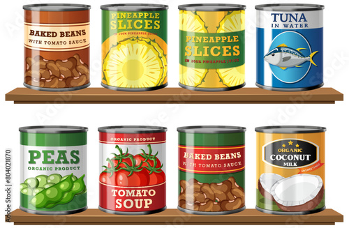 Variety of canned food items displayed on shelves.