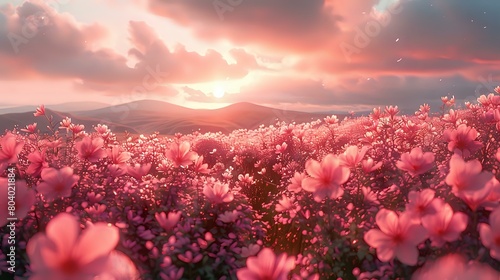 Ethereal Pink Blooms  Serene Landscape with Delicate Flowers