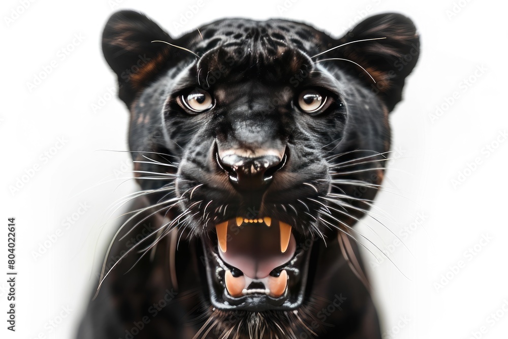 Frontal shot of a black panther isolated on a white backdrop, seeming fierce. Generative Ai