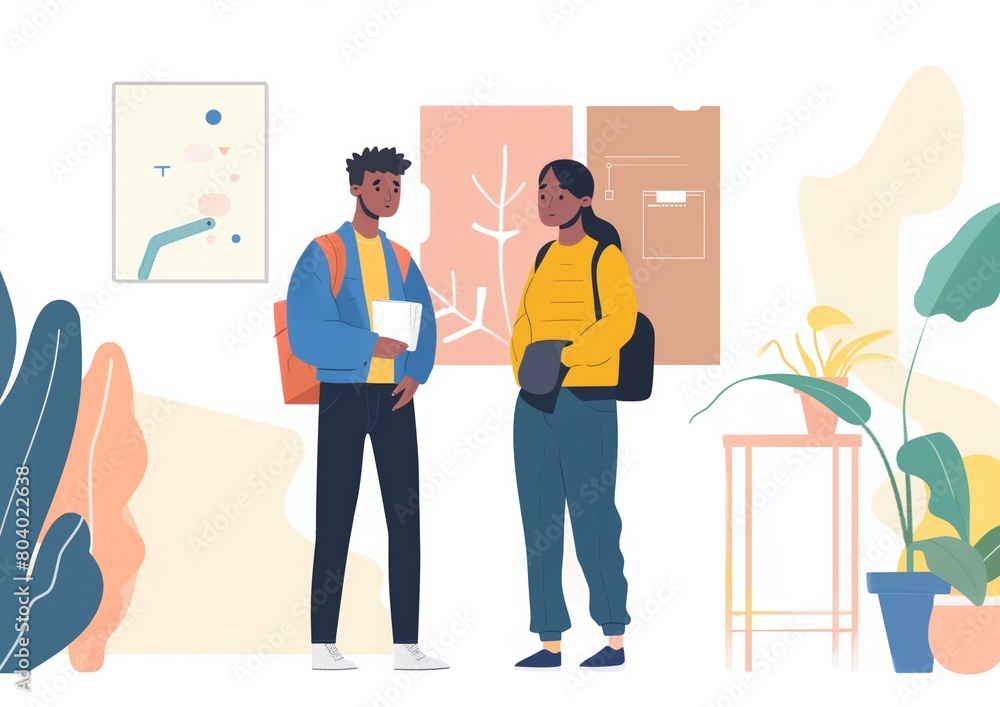 Two Students Talking in a Modern College Campus Environment Two Students Talking in a Modern College Campus Environment