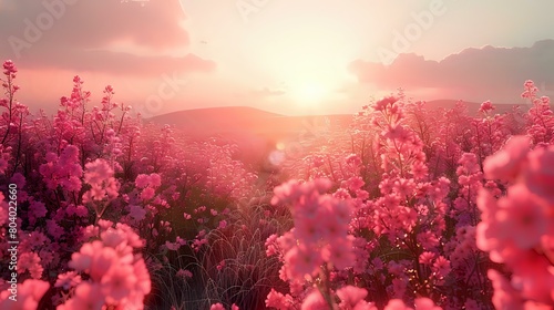 Ethereal Pink Blooms: Soft Pastel Dawn in a Lush Countryside