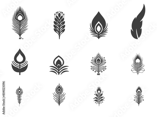 peacock feather icon set vector for the Janmashtami festival in India.