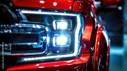 Close up red Pickup Truck detail on one of the LED headlights © HPMP Studio