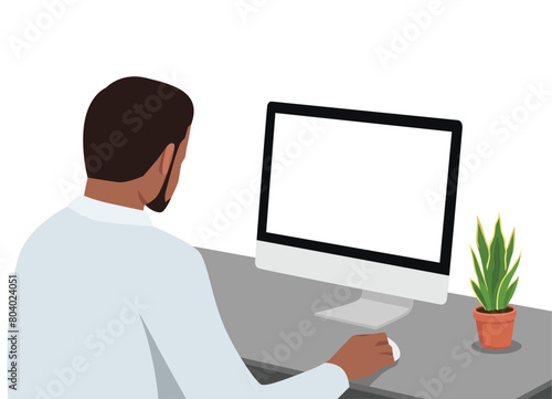 Young black man working on a computer. View from his back with blank screen. Flat vector illustration isolated on white background