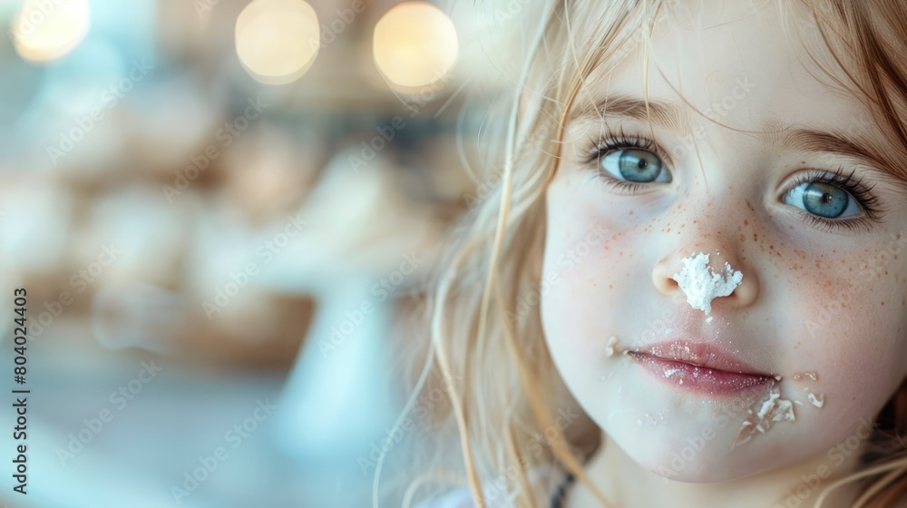 The little girls face is covered in frosting, with a smile on her mouth ...