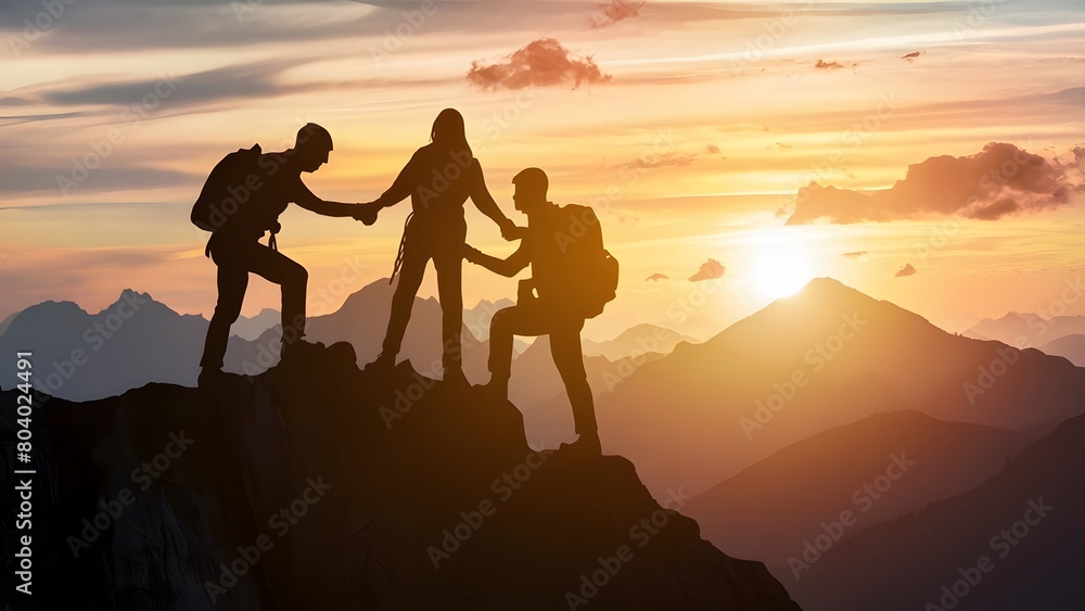 group of people helping each other as a team to reach to the top of the mountain.