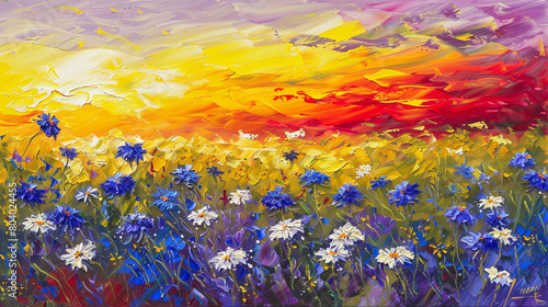 Impressionistic scene of cornflowers and daisies under a yellow and red summer sky. photo