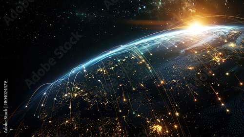 Communication lines around the globe  a thematic background with a light effect. Background of global international communication  Earth with lights on a black background
