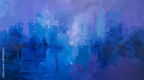 Dusk-themed abstract oil painting, with a blend of blues and violets illustrating a cityscape's evening transformation.