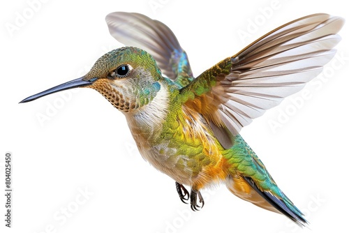 Hummingbird isolated against a stark white background. Generative Ai