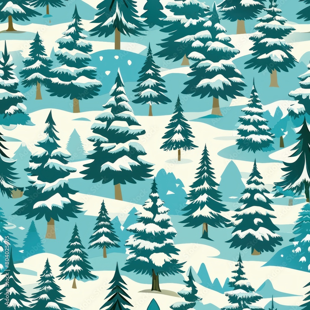 Seamless pattern of snow-covered evergreen trees in a winter wonderland, Generative AI