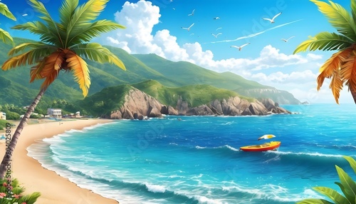 Summer beach background. Sandy seashore  sea coast with palm tree and vocation seaside travel vector cartoon backdrop illustration