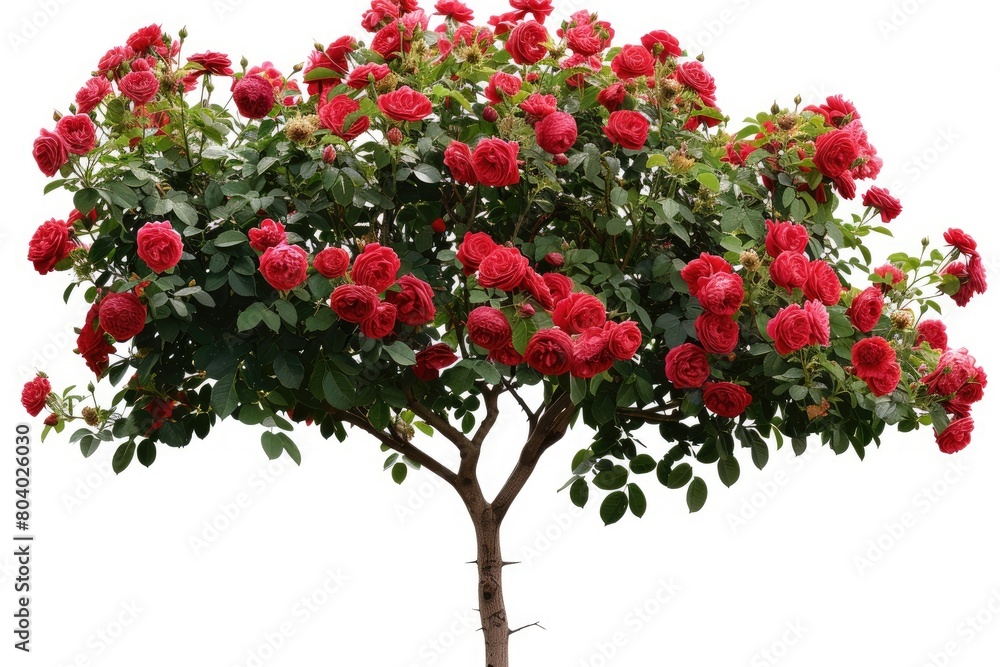 Images of a red rose tree with a blossom bush isolated on a white backdrop. Generative Ai